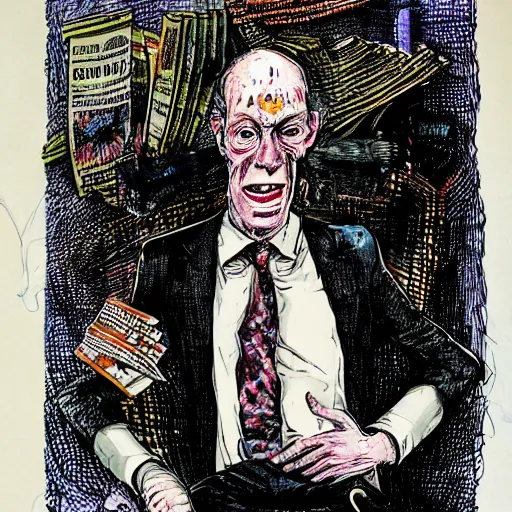 Image similar to Jacob Rothschild full body shot, dollar bills Body horror, biopunk, by Ralph Steadman, Francis Bacon, Hunter S Thompson