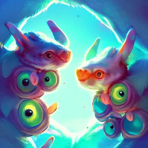 Image similar to cute creatures. bright art masterpiece artstation. 8k, sharp high quality illustration in style of Jose Daniel Cabrera Pena and Leonid Kozienko, magical colored theme, concept art by Tooth Wu,