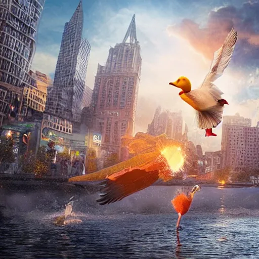 Prompt: An ultra realistic photo of a giant duck destroying a city, award winning, 8k, ultra detailed