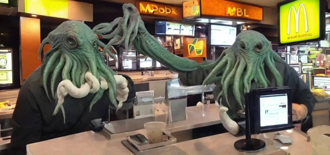 Prompt: Cthulhu working at McDonalds because he lost all of his money leverage trading bitcoin