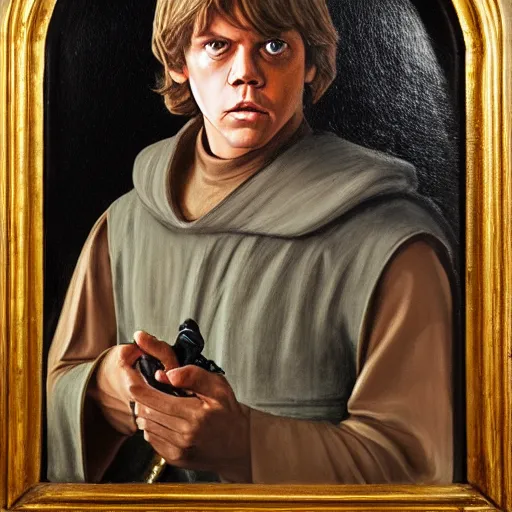 Image similar to a portrait painting of luke skywalker from star wars in a renaissance style hanging in a museum