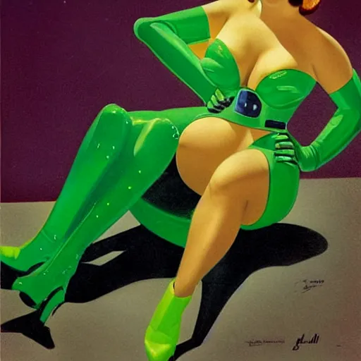 Image similar to portrait of pin up robot in a neon green bikini, art by gil elvgren, earl moran, joyce ballantyne, art frahm