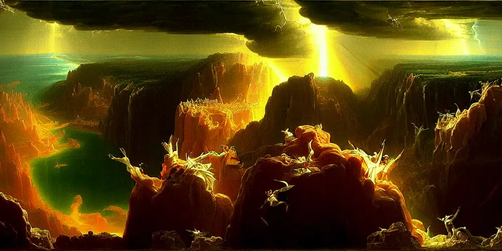 Image similar to heaven and hell painted by thomas cole