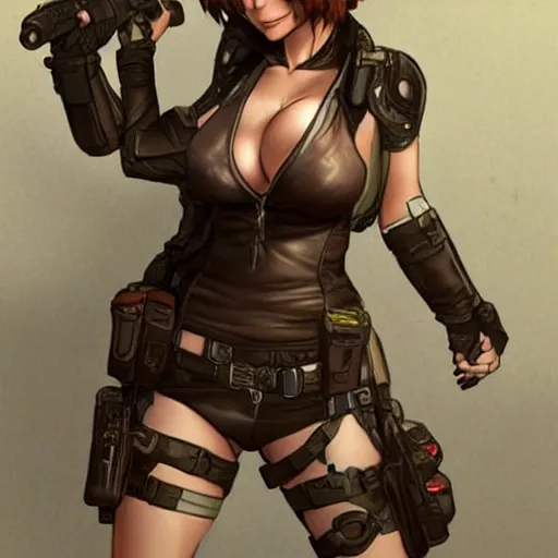 Image similar to concept art illustration of young japanese christina hendricks natalie portman as lara croft anime protagonist, wearing combat warrior fantasy bikini, intricate, elegant, art by artgerm and rosstran, masamune shirow