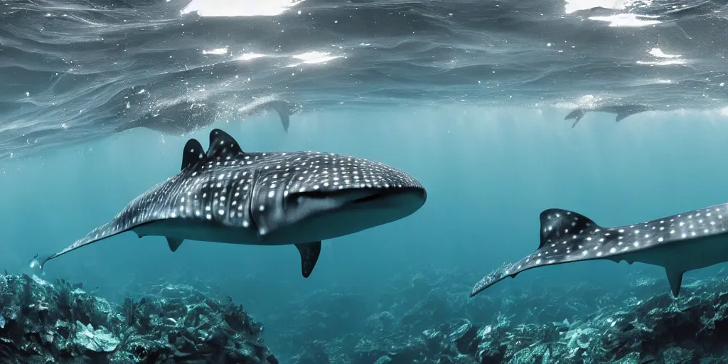 Image similar to hyperrealistic underwater photography, panoramic picture of an ocean floor with in the distance some whale sharks. focus on the sharks. the sharks are anatomically correct and highly detailed. the shark's eyes are intricately detailed. there are lots of bubbles. seaweed and some rocks. gloomy scattered light entering from the water surface, trending on artstation, hq, 4 k