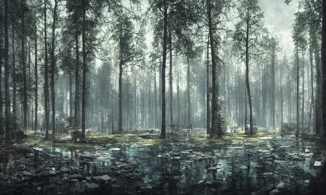 Prompt: Finnish forest lake, futuristic, cyberpunk, highly detailed, photorealistic, sharp focus, cinematic composition, cinematic lighting, detailed