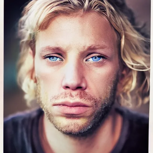 Image similar to color portrait of a very ugly blue eyed blond male by emmanuel lubezki