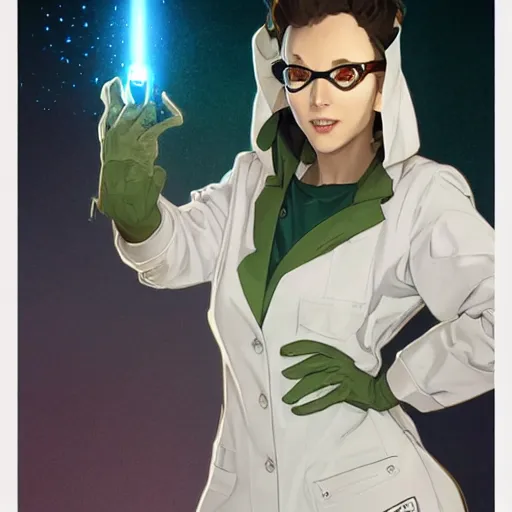 Image similar to a full body character design by artgerm, cushart krenz, greg rutkowski and alphonse mucha. cute african mad scientist woman lab coat!! green plasma laser gun!! goggles visor!! bold outline sharp edges. ultra clear detailed. 8 k. ultra detailed, elegant, intricate, octane render. felt!!! texture