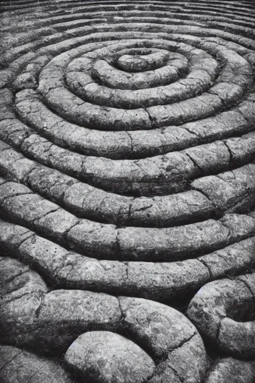 Prompt: vintage analog photograph of a gigantic stone labyrinth, a tiny female figure finding her way, warm tones, depth of field, color bleed, heavy film grain