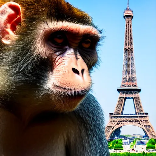 Image similar to high quality portrait of a monkey in front of eiffel tower, studio photograph, photograph, realistic photo, 8k photo, 4k photo, stock photo, high resolution, cinematic shot, high detail