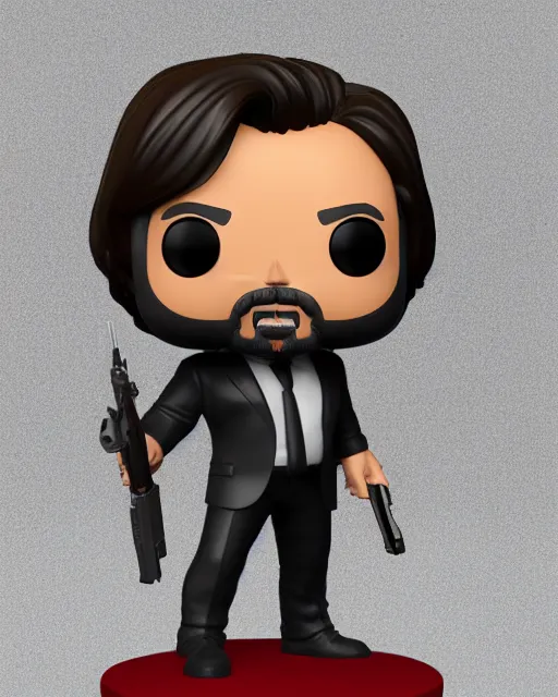 Image similar to full body 3d render of John Wick as a funko pop, studio lighting, white background, blender, trending on artstation, 8k, highly detailed