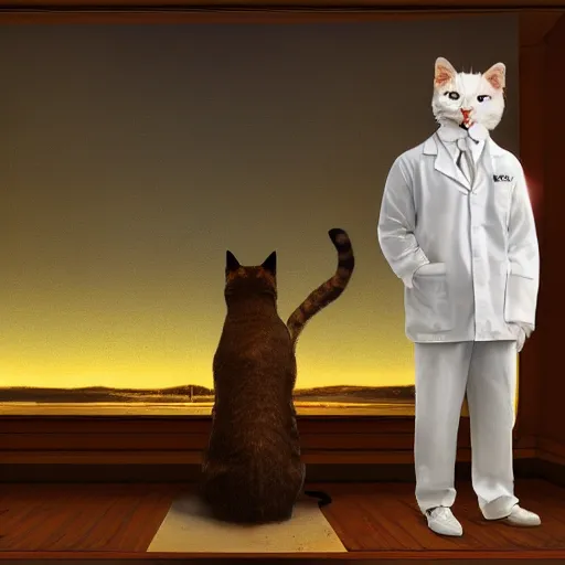 Prompt: anthropomorphic cat inrerventional radiologist, hospital, cinematic, hdr, backlight, in a symbolic and meaningful style, by albert bierstadt