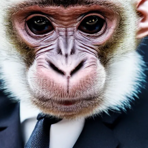 Image similar to high quality portrait of a monkey wearing black suit, studio photograph, photograph, realistic photo, 8k photo, 4k photo, stock photo, high resolution, cinematic shot, high detail