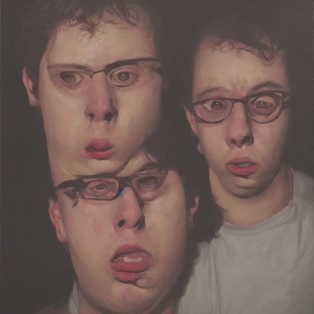 Prompt: oil painting by christian rex van minnen portrait of todd solondz age 2 5, extremely bizarre disturbing, intense chiaroscuro lighting perfect composition masterpiece intense emotion