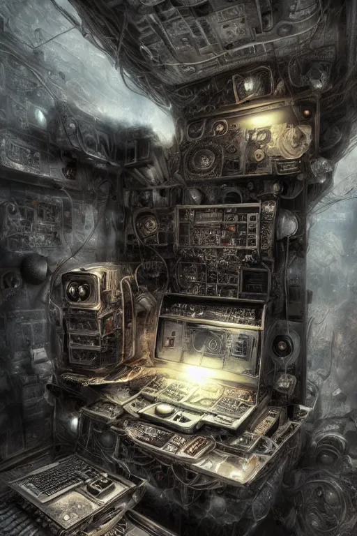 Image similar to the inside of a computer by mahmoud farshchian, very detailed, maximalism, ambient occlusion, volumetric light, sun beam, atmospheric haze, hyper realism, realistic shading, cinematic composition, realistic render, octane render, detailed textures, photorealistic, wide shot