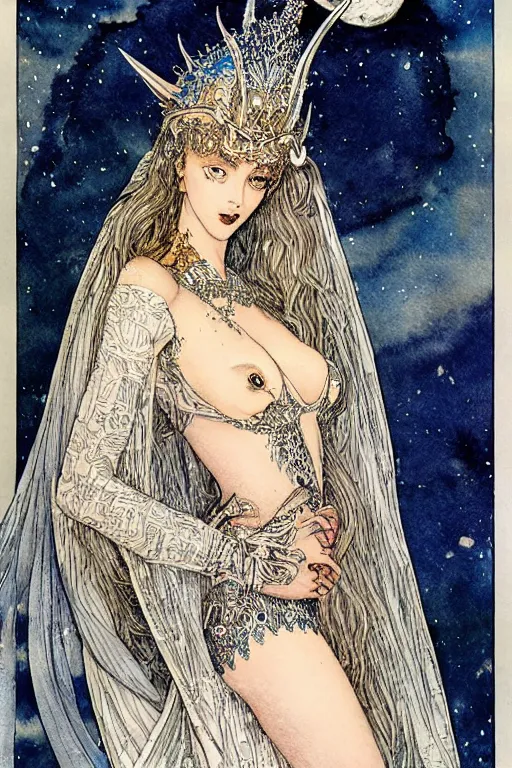 Image similar to detailed portrait of a woman with a bat wing crown, night sky moon background, art by luis royo and walter crane and kay nielsen, watercolor illustration,