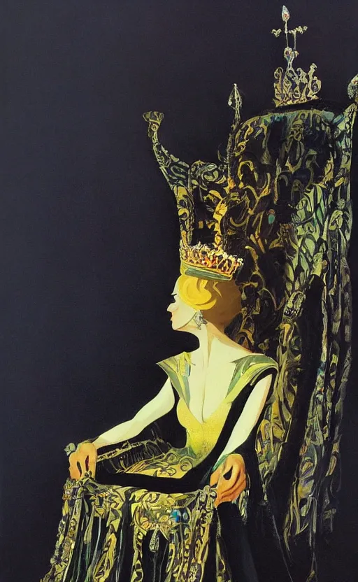 Image similar to an oil painting of a queen in a black funeral dress sitting on a throne, by bruce pennington, by eyvind earle