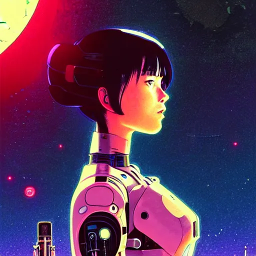 Image similar to side portrait scifi cyborg girl with robotic parts and spacesuit | | head only in center of image, audrey plaza, fine detail!! anime!! realistic shaded lighting!! poster by ilya kuvshinov katsuhiro otomo ghost - in - the - shell, magali villeneuve, artgerm, jeremy lipkin and michael garmash and rob rey