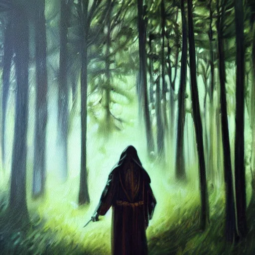 Image similar to warlock in the forest, realistic oil painting, dark light