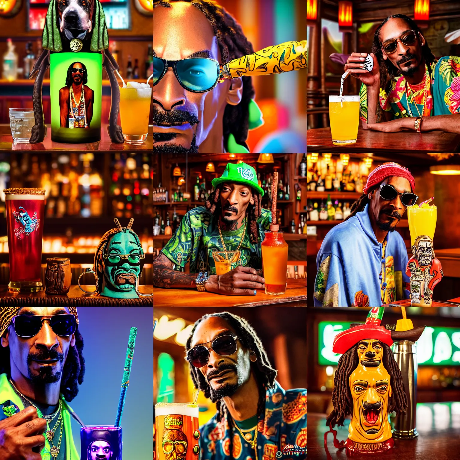Prompt: a closeup photorealistic photograph of snoop dogg at trader vic's bar drinking from a snoop dogg themed tiki mug. brightly lit scene. this 4 k hd image is trending on artstation, featured on behance, well - rendered, extra crisp, features intricate detail, epic composition and the style of unreal engine.