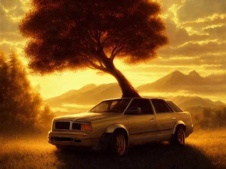 Image similar to a tree growing on a scrap car, soft golden sunset, clouds, mountains in the background, hyperrealistic, highly detailed, cinematic, ray of golden sunlight, beautiful, cgsociety, artstation, 8 k, oil painting by greg rutkowski, by artgerm, by wlop