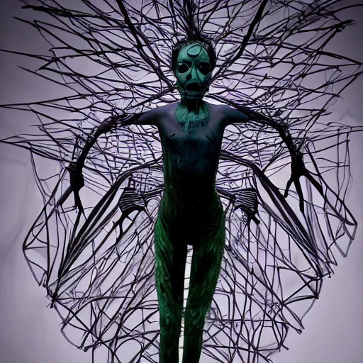 Image similar to A beautiful art installation of a human figure. The figure is shown in a contorted state, with their limbs and torso twisted in a seemingly impossible way. The figure is also shown with a number of facial piercings, and their eyes are rolled back in their head, giving them a wild and maniacal appearance. blue-green, jet black by Stephan Martinière, by Jan van Eyck tender