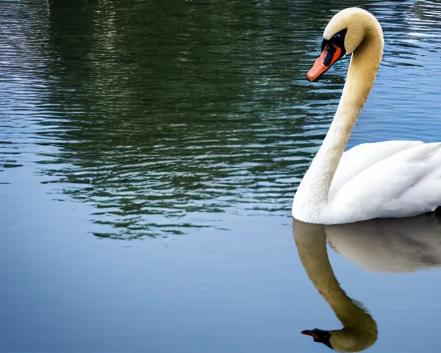 Prompt: a 4 k photorealistic photo of a swan swimming in a river, ripples, reflections. shady, trees bent over river.