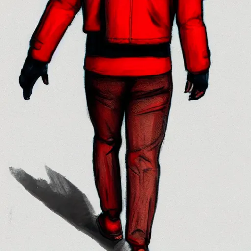 Image similar to isometric view, man with a red jacket walking toward a red futuristic racing motorbike, pencil drawing, panoramic view, wide angle, ultra realistic, intricate details, cyberpunk, ultra detailed, sharp focus, trending on artstation