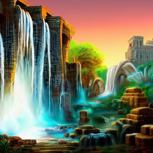 Prompt: ancient ottoman structure and waterfalls, epic retrowave art, trending on art station