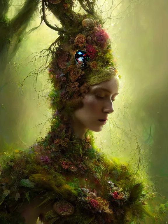 Image similar to Full View Portrait Mystical ethereal Forest deity wearing beautiful dress, vines tree bark moss Dryad made of forest beautiful dress, 4k digital masterpiece by Craig Mullins and Ruan Jia and Tom bagshaw, Alberto Seveso, fantasycore, Hyperdetailed, realistic oil on linen, soft lighting, kush background, featured on Artstation, textured, stylized, intricate details