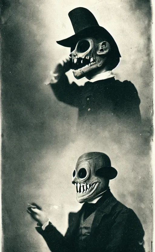 Image similar to a portrait photograph of a victorian wearing a scary vintage halloween mask, creepy, atmospheric, cinematic lighting, epic scene, 1 9 2 0 color photograph