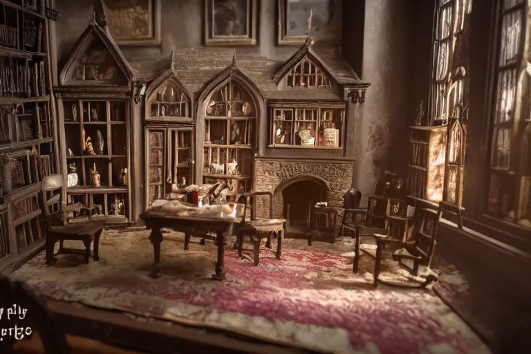 Prompt: photo of hogwarts as a highly detailed dollhouse, interior view, dumbledore's study, extreme details, soft lighting, crepuscular rays, hyper realistic octane render, depth of field 8 k