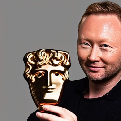 Prompt: limmy brian limond holding bafta award, realistic, long shot, dramatic lighting, hyper realistic, high quality, highly detailed, hd, beautiful, cinematic, 8 k, facial accuracy, symmetrical,