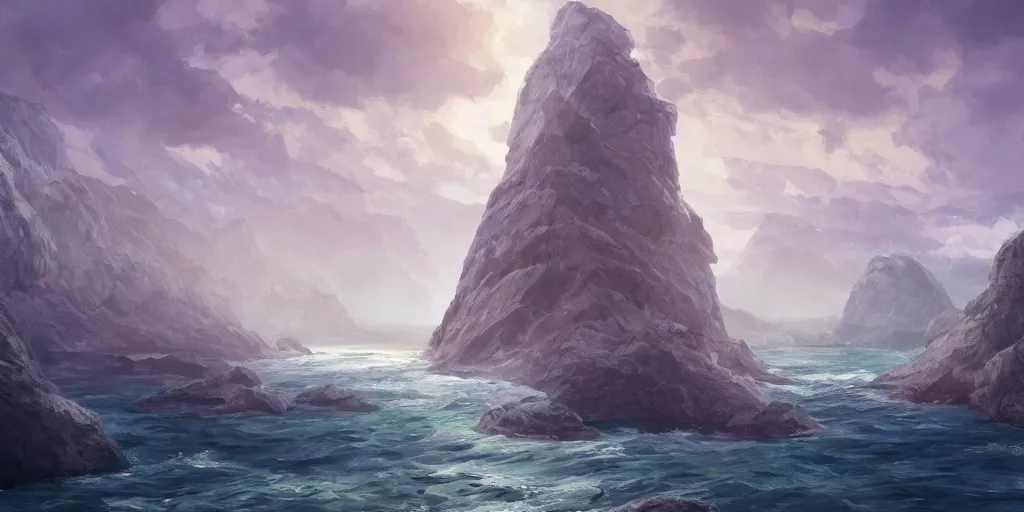 Image similar to sheer rugged crystal smokey coloured quartz cliff, viewed from the ocean, illustration, bright sunlight, sun glints, sunrays, digital art, hyperrealistic, oil painting, fantasy, 8 k, trending on artstation, detailed