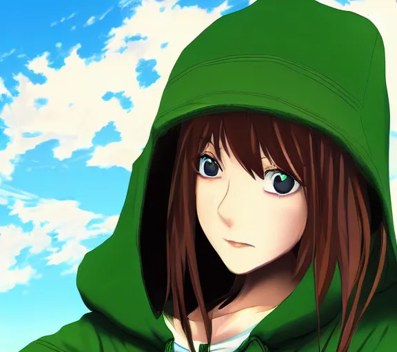 Prompt: close up character portrait of an anime character with brown hair and green eyes wearing a hoody, digital art