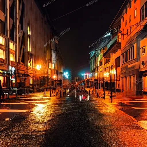 Prompt: a rainy urban street at night, lit by moody orange streetlights, at the end of dusk