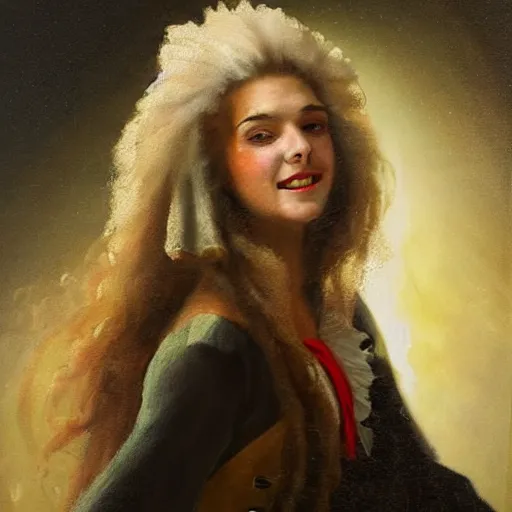 Prompt: oil painting, smiling, happy, beautiful, intelligent, fierce, powerful, female pirate captain 3 2 years old, flowing long hair, fully clothed, wise, beautiful, masterful 1 7 2 0 s oil painting, dramatic lighting, sharp focus