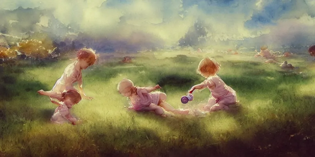 Prompt: a beautiful insanely intricate watercolor illustration of childs playing with soap boubles in a serene field, colorfull, by william turner art, by greg rutkowski, by james jean, by rossdraws, by frank franzzeta, by sakimichan, by edmund dulac, trending on artstation, insanely detailed, masterpiece,