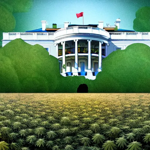 Prompt: a architectural portrait of the white house surrounded in wild blooming cannabis, and hippies crawling from the brush, cg art, fine art, highly detailed, digital painting, cgi, volumetric lighting, sunny atmosphere