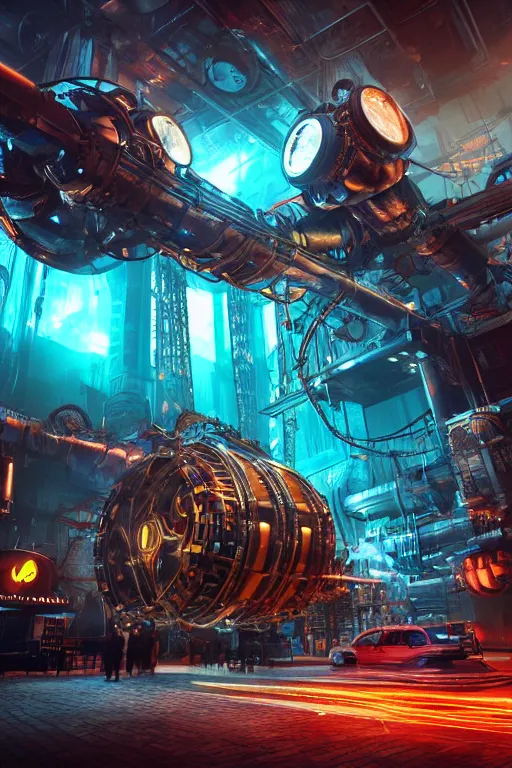 Prompt: a movie poster, invasion of the tripmachines, realistic digital art, 3 d render of two huge futuristic steampunk generators inside a steampunk machinery, 8 k, fluorescent colors, halluzinogenic, multicolored, exaggerated detailed, unreal engine