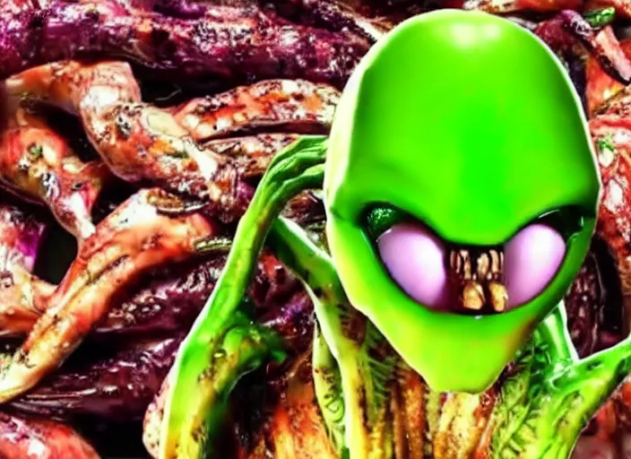 Prompt: Alien mukbang on YouTube. Alien vegetables, roasted. Exotic meat, grilled. Trending on YouTube. HD
