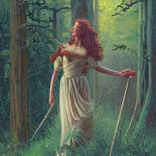Prompt: detailed painting of a princess in the woods by Michael Whelan,