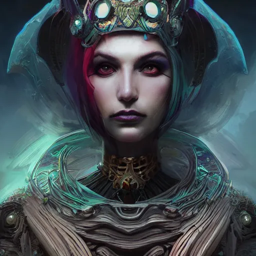 Prompt: queen of death. intricate portrait, occult cyberpunk, ancient futuristic, dark art, occult. by Petros Afshar, by artgerm, by Eddie Mendoza, by Peter mohrbacher, octane render, 3d, unreal engine, depth of field, bokeh, motion blur, blur