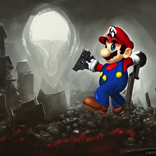 Image similar to concept art of mario in a ruined kingdom, resident evil, horror, occult, terror, mist, volumetric render, digital painting, detailed painting