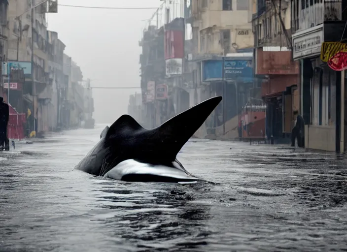 Prompt: first official image from bond 2 6, starring adam driver as agent 0 0 7, riding an actual live shark through the streets of valparaiso, chile in heavy rain. directed by alejandro inarritu. stunning cinematography, kodak vision 2 0 0 t, high contrast, anamorphic lens, chromatic aberration.