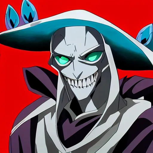 Image similar to Karthus from League of Legends in anime movie, dragonballz, jojo