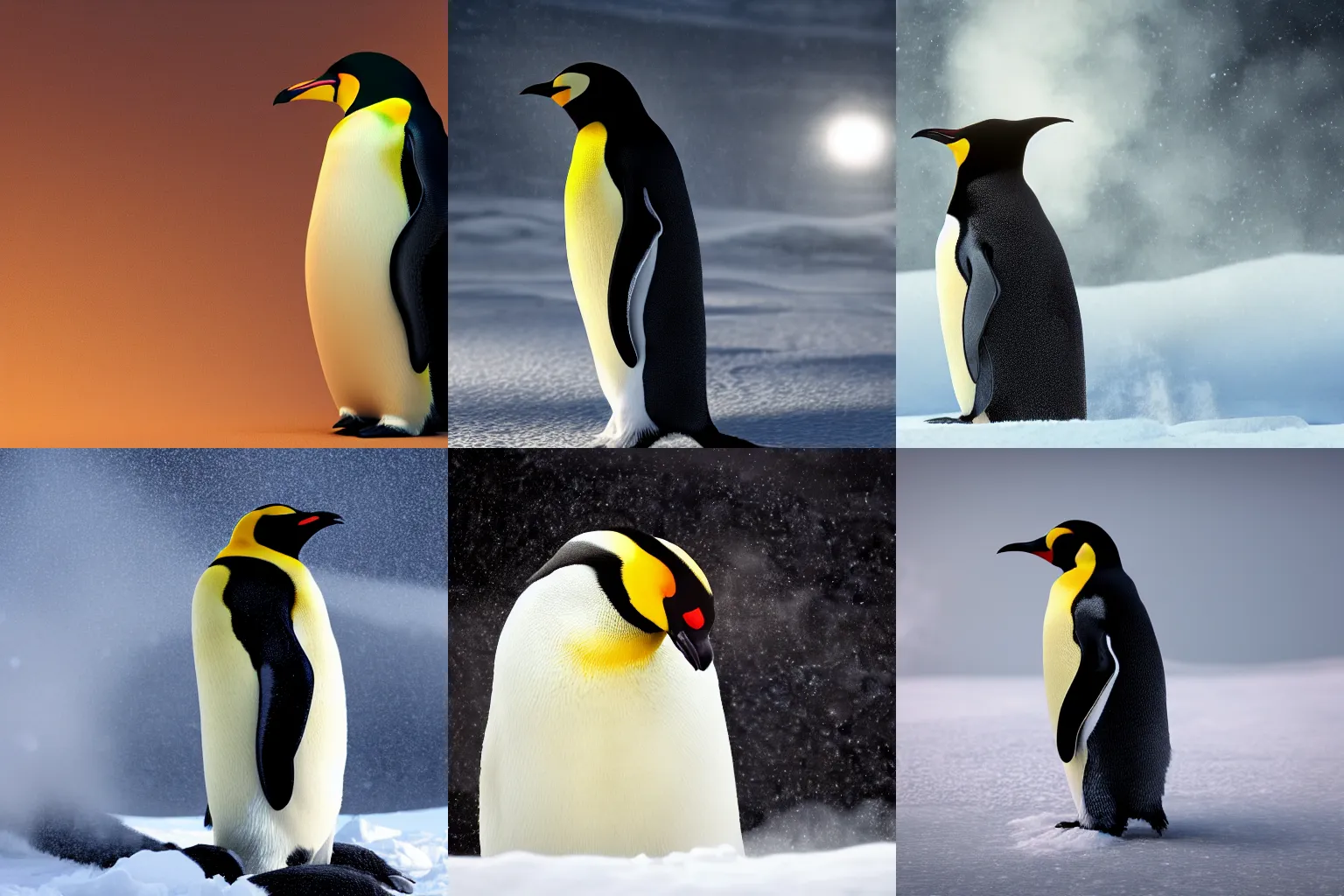 Image similar to ultra detailed octane render of an emperor penguin, volumetric lighting, post processing, after effects, smoke, shadows and natural lighting, dramatic pose, steam rising, snowy background, ultra high detail, ultra fine hair, ultra fine texture, hyper realistic,