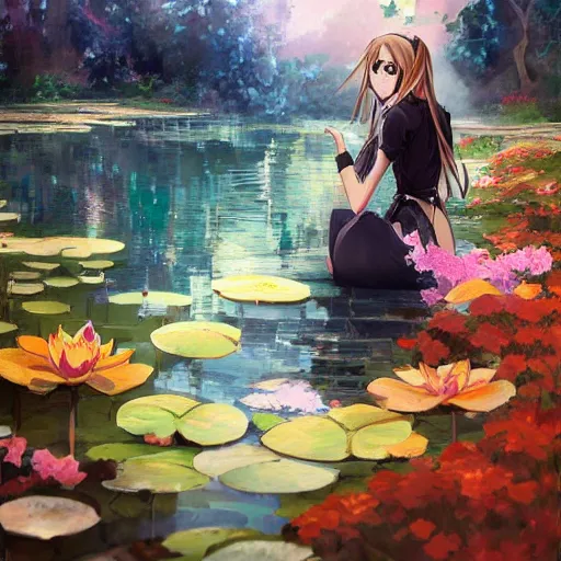 Image similar to isekai masterpiece drawn byaenami alena, atroshenko andrew, asencio henry, averin alexandr, blanchard antoine, bussiere gaston of a beautiful anime girl sitting in a pond filled with lily pads and koi fish