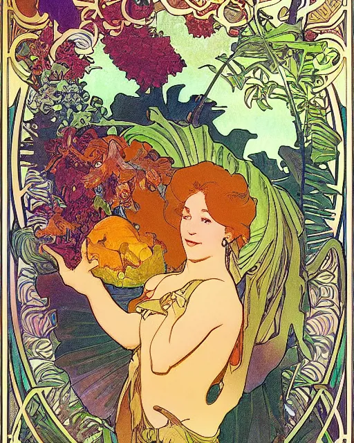 Image similar to a realistic cookbook photograph of a bacalaito fritter surrounded by tropical iconography and a variety of tropical flora, cell shading, by Alphonse Mucha, by Moebius, by hiroshi yoshida, Art Nouveau, colorful, ultradetailed, vivid colour, 3d