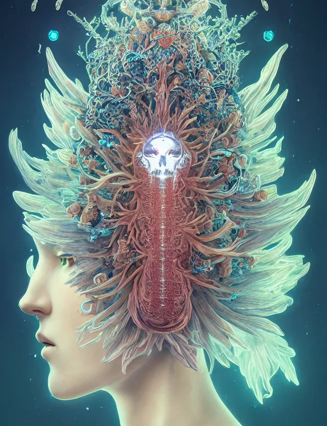 Image similar to symmetrical, centered, goddess close-up portrait wigh crown made of skulls. phoenix betta fish, phoenix, bioluminiscent creature, super intricate ornaments artwork by Tooth Wu and wlop and beeple and greg rutkowski